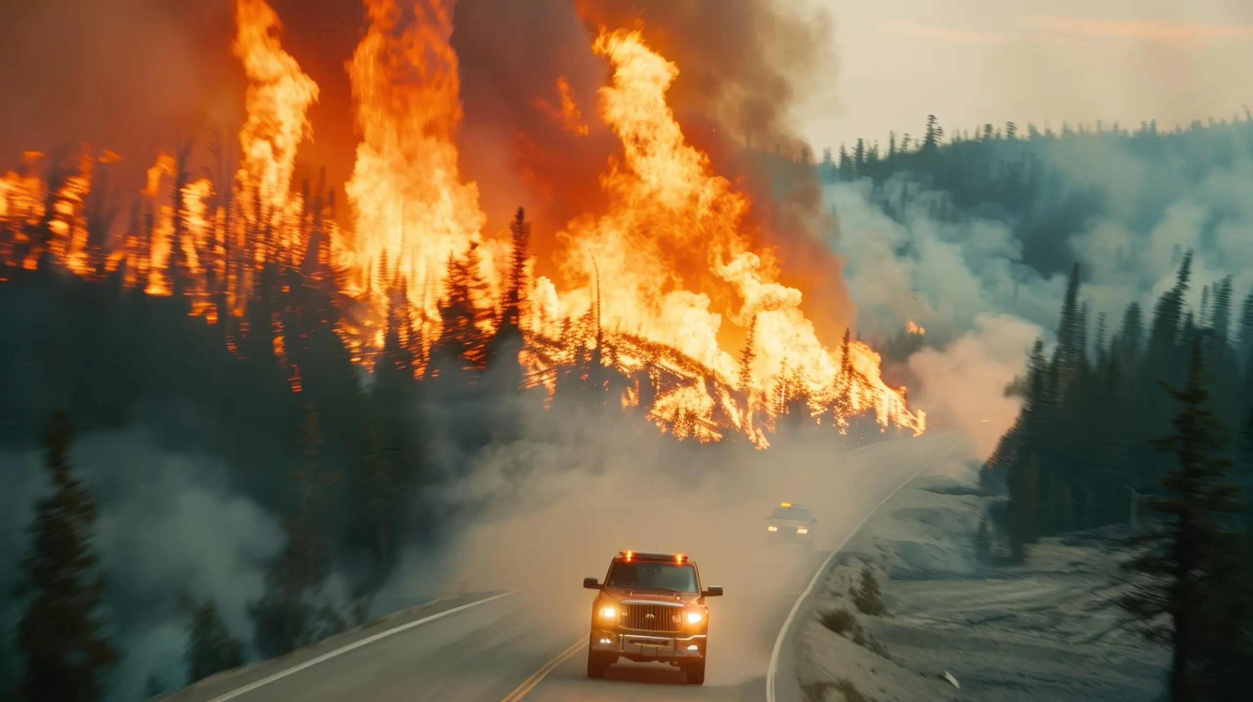 Car driving alongside wildfire