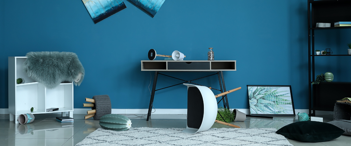 Home after an earthquake with items fallen on the floor.