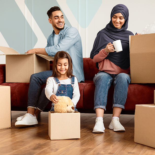 Family with moving boxes